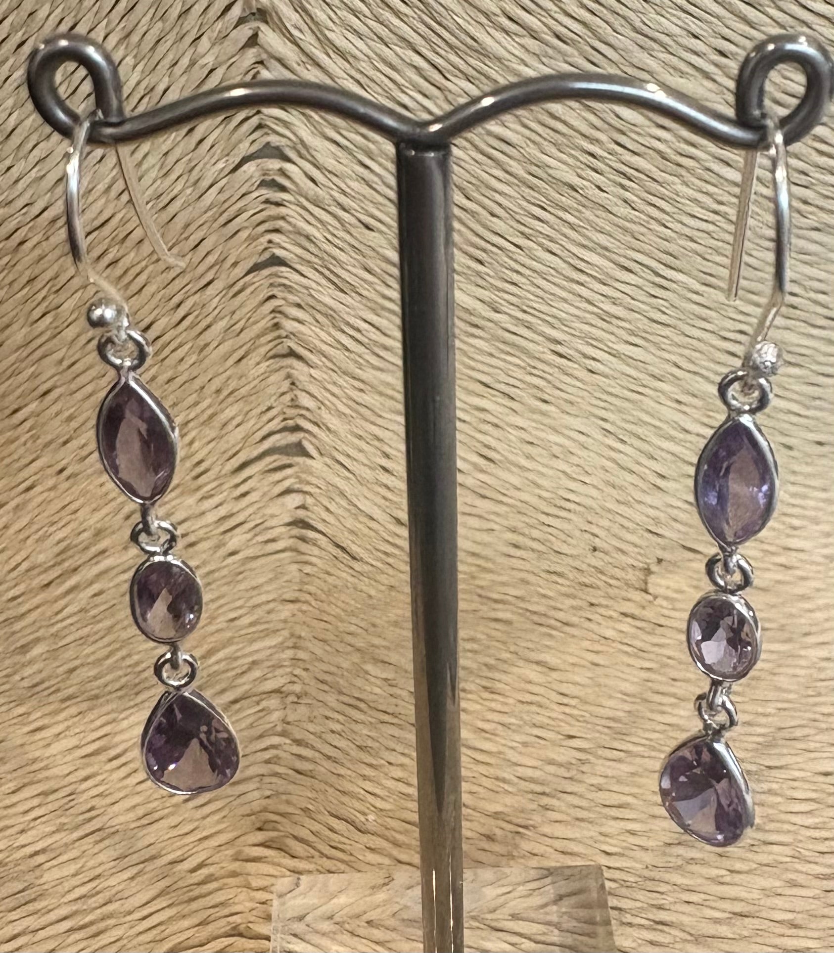 Amethyst 3 Stone Silver Earring