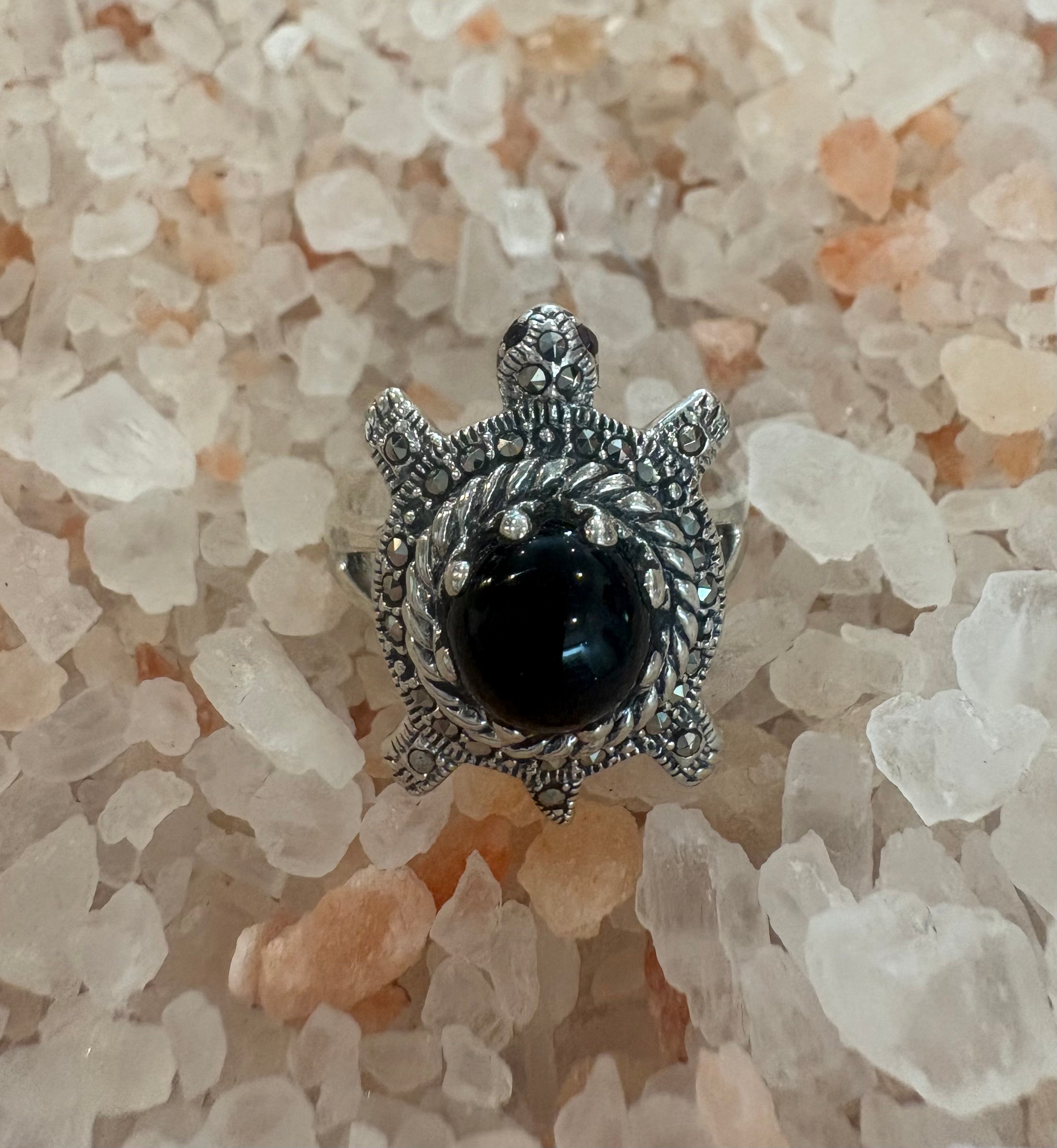 Onyx and Marcasite Silver Turtle Ring